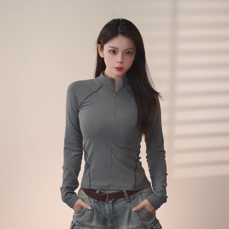 纯色常规长袖拼接T恤辣妹风紧身性感内搭气质时尚打底衫秋冬-001