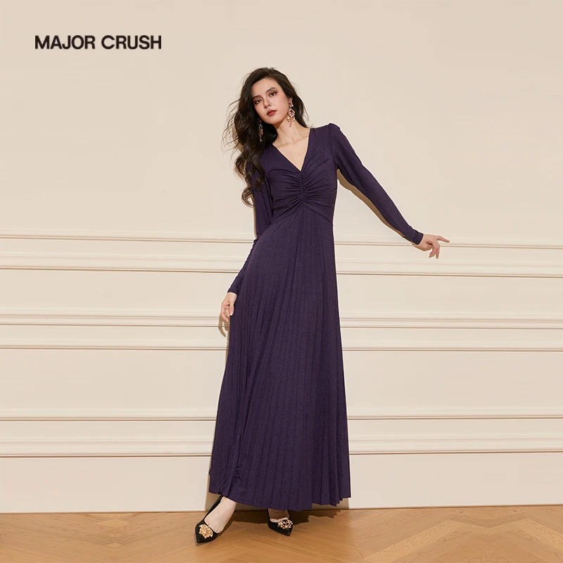 MAJOR CRUSH龙葵紫女装连衣裙高腰V领设计法式显瘦6603