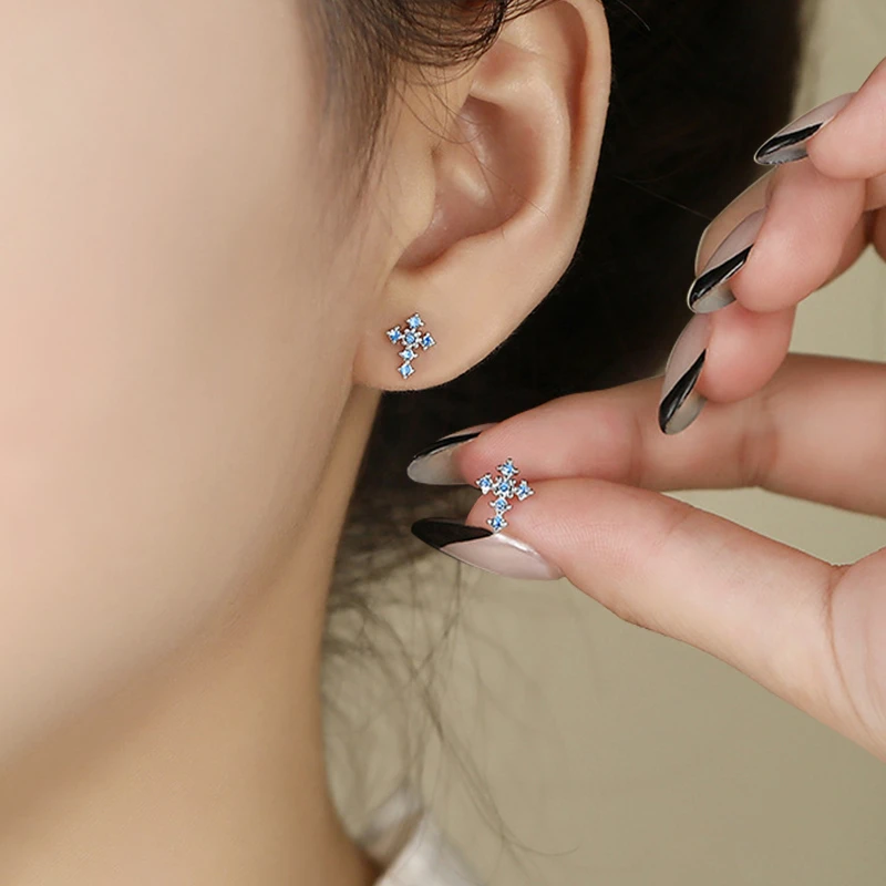 925银耳饰 S925纯银十字架锆石耳钉女小众爆闪时尚个性耳饰品养耳