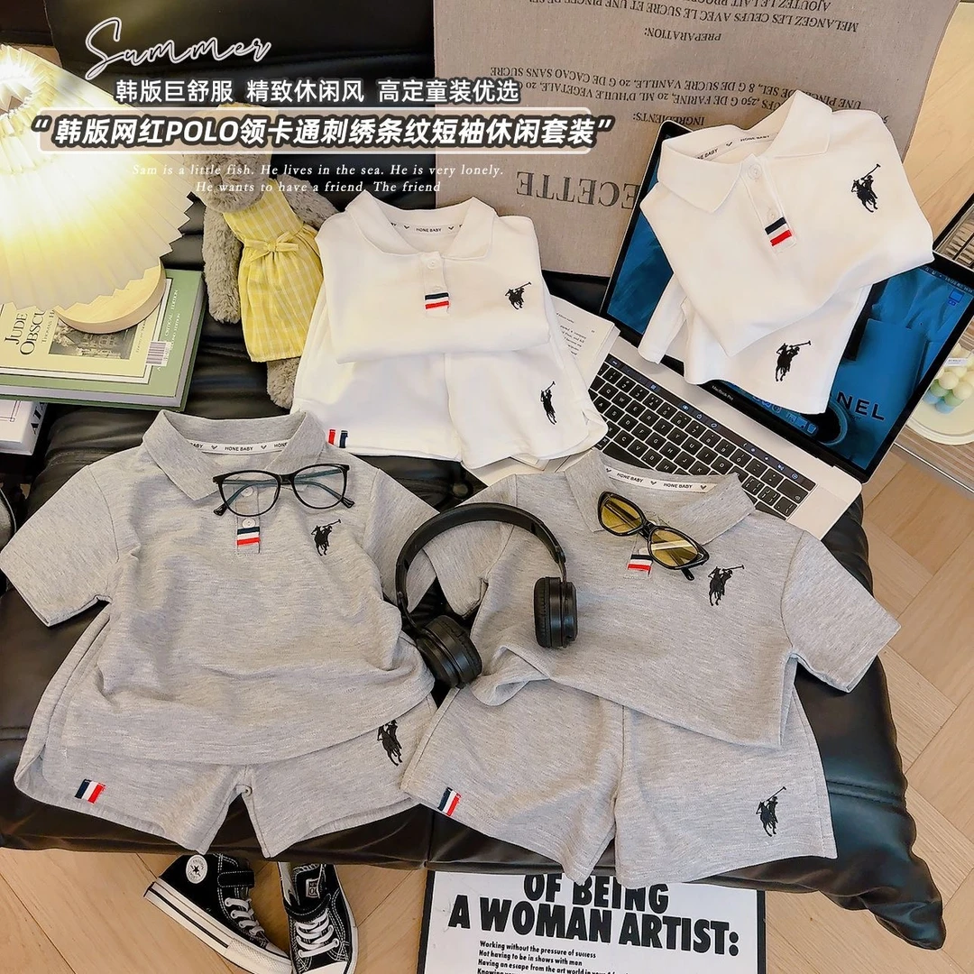 儿童polo领套装新款舒适男童女童套装上衣加短裤休闲夏季百搭