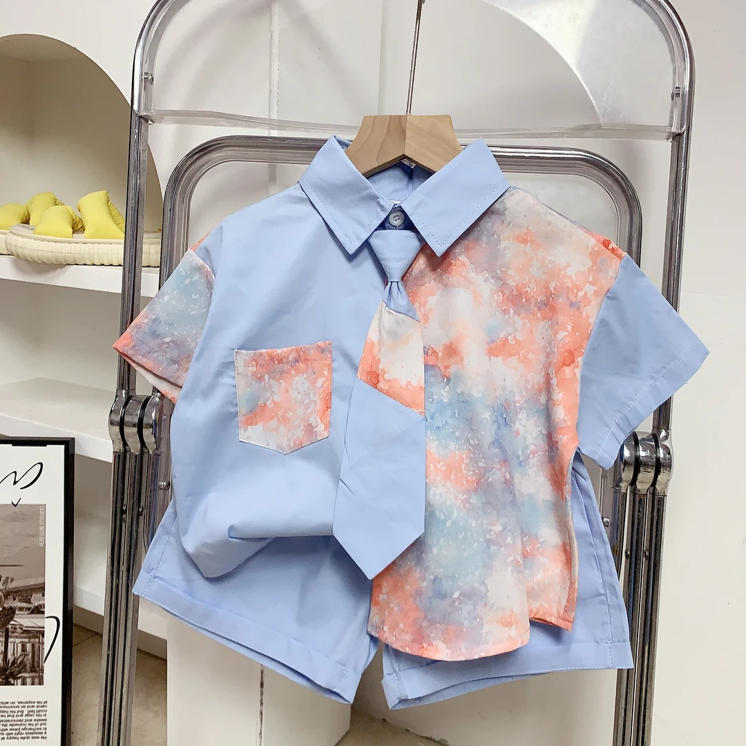 儿童夏款衬衫套装男童帅气领带衬衫拼接短袖衬衣短裤两件套透气酷