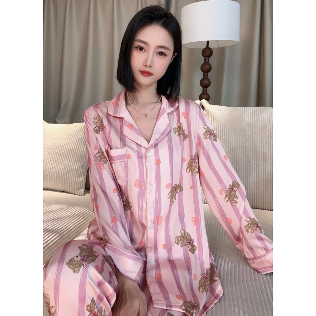 达芬奇密码直条纹小熊轻奢长袖气质时尚宽松睡衣女士套装春秋款