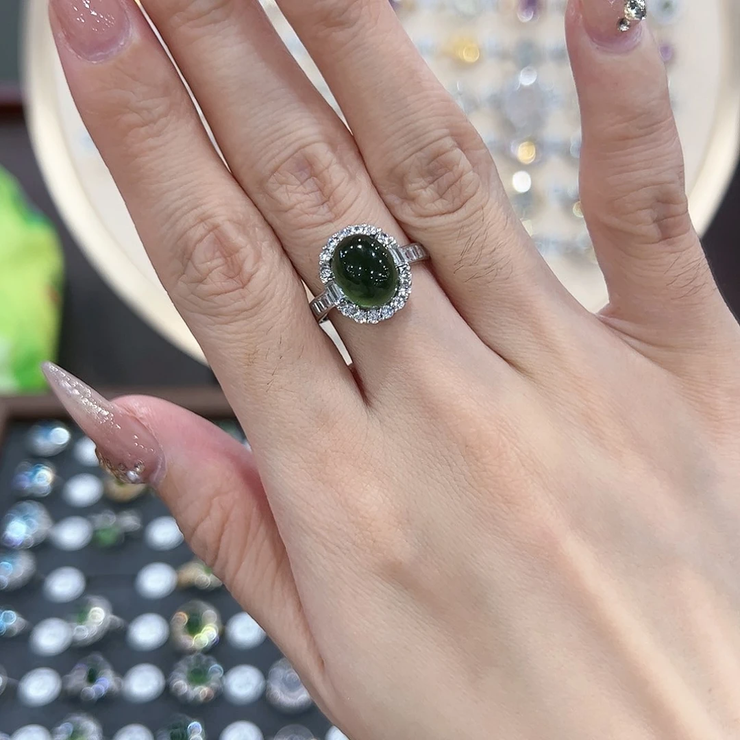 蛇纹石玉戒指银S925镶嵌