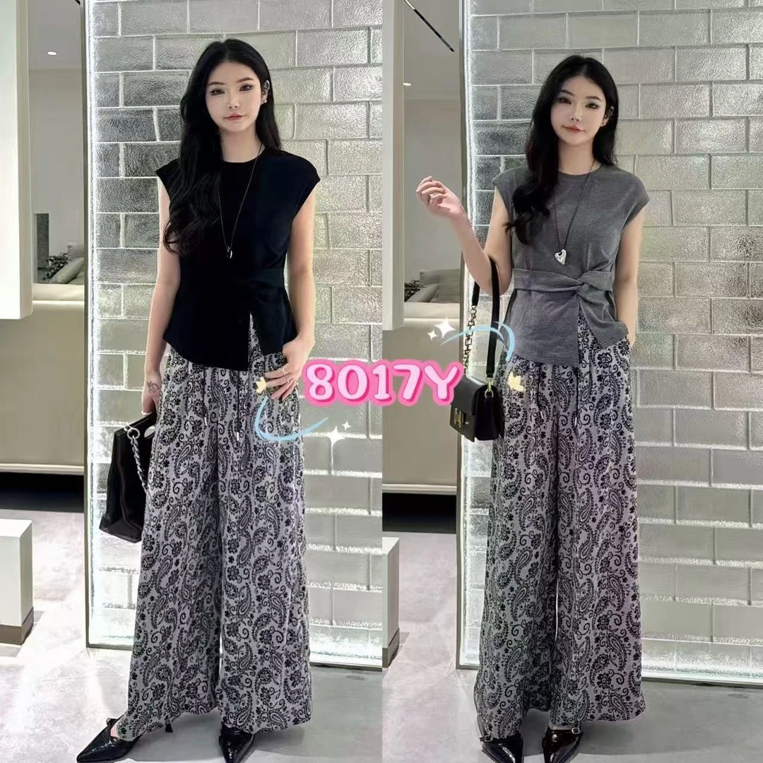 2025夏装韩版减龄套装女气质显瘦短袖T恤女印花阔腿裤两件套洋气