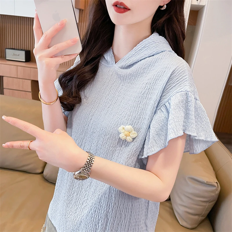 连帽短袖t恤女2025新款夏季韩版宽松设计感小众荷叶袖休闲上衣服