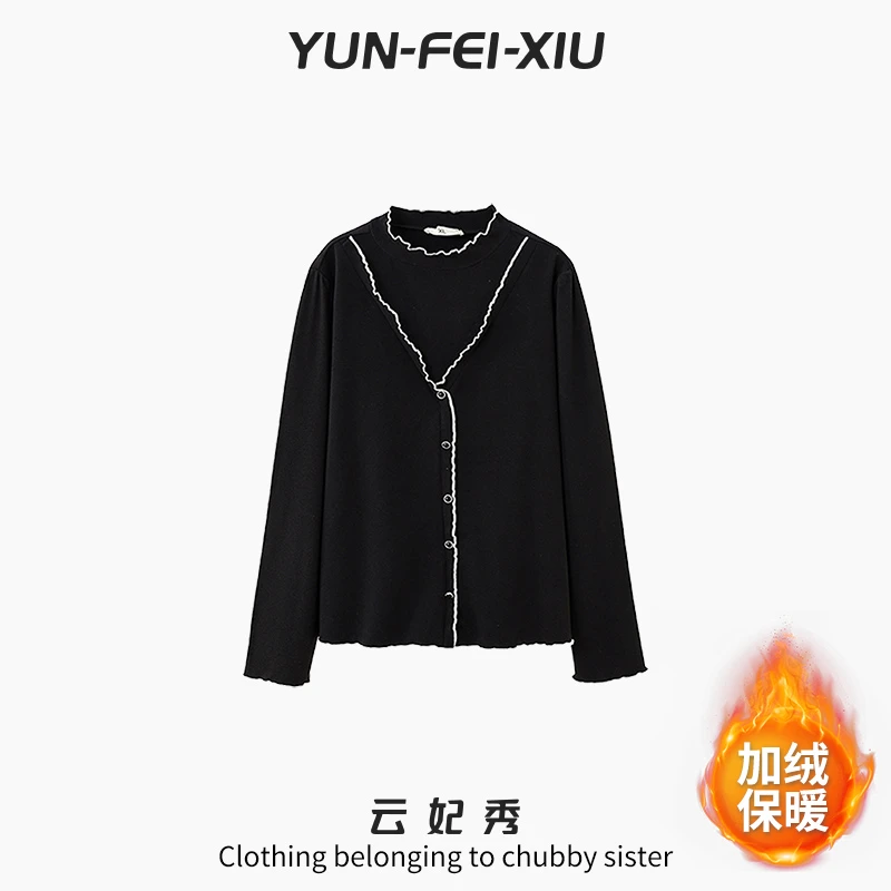 云妃秀大码女装T恤加绒休闲胖妹妹显瘦宽松减龄遮肉立领冬季9069