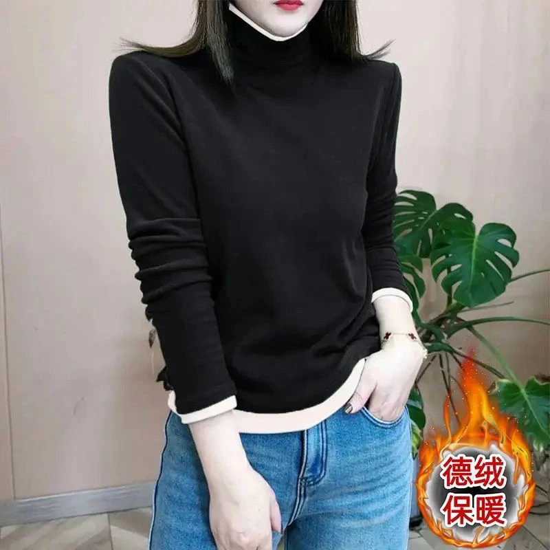 冬季双面绒保暖打底衫上衣女士2025新款休闲百搭大码撞色高领内搭