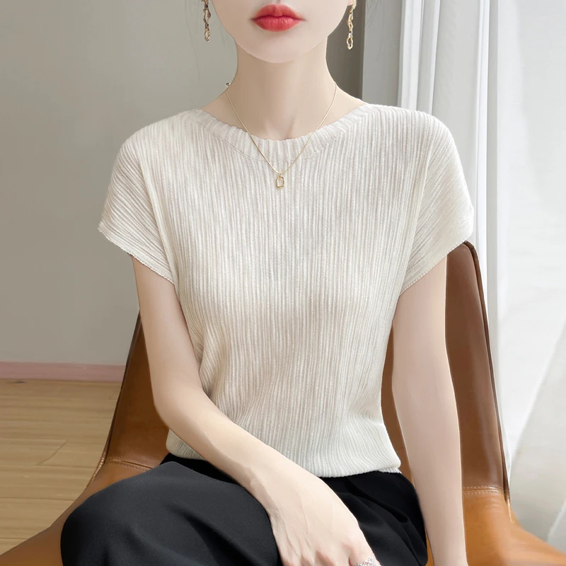 肌理感时髦飞飞袖T恤衫夏季竹节麻针织短袖纯色简约圆领体恤上衣