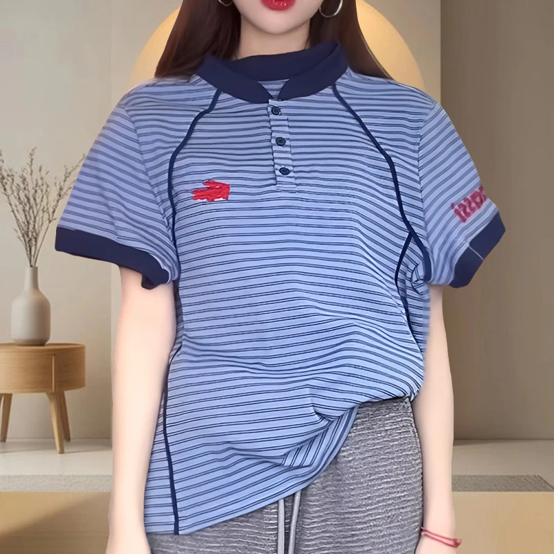 时尚条纹夏季短袖t恤女夏装2025新款高级感宽松大码胖mm立领上衣