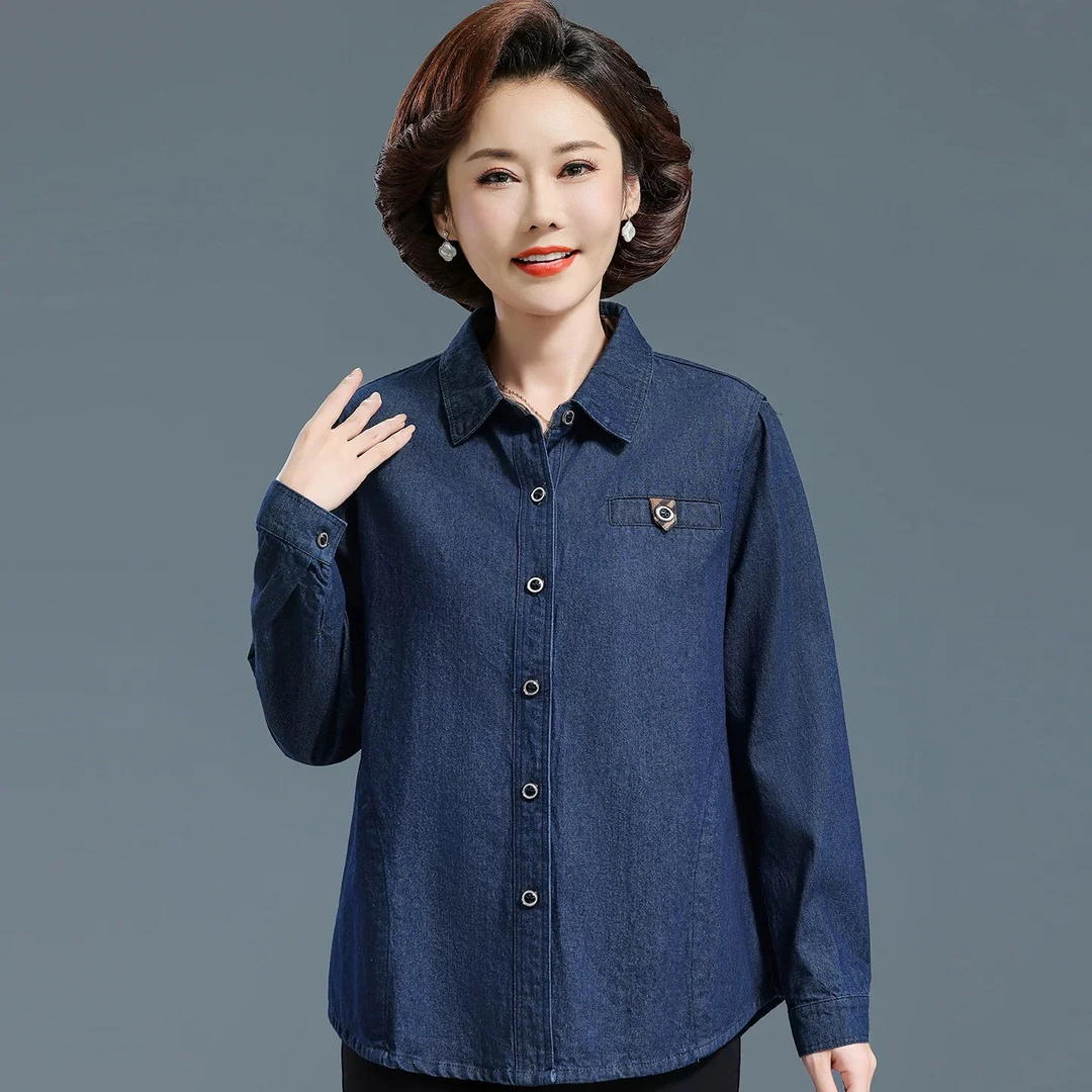 妈妈纯棉新款时尚长袖牛仔衬衫秋季中老年宽松衬衣百搭显瘦上衣