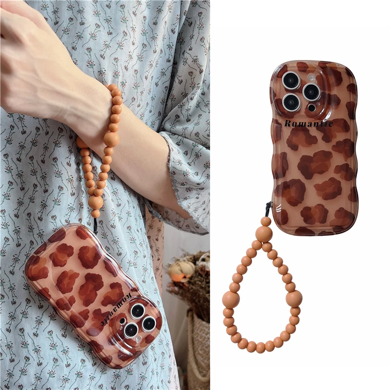 高级感棕色豹纹手链珠适用苹果15女款iphone16手机壳14/13/12防摔