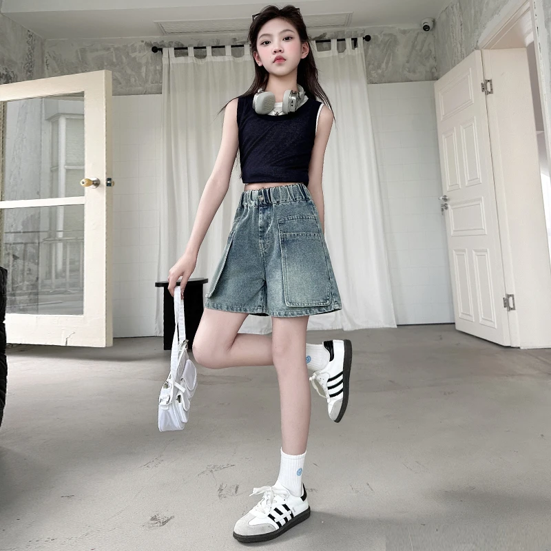 女童夏装大口袋牛仔短裤大童韩版夏天热裤洋气初中生女孩夏季裤子