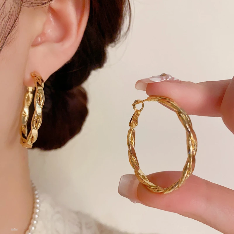 铜合金耳饰 欧美个性时尚简约金属麻花耳圈小众设计百搭耳环气质