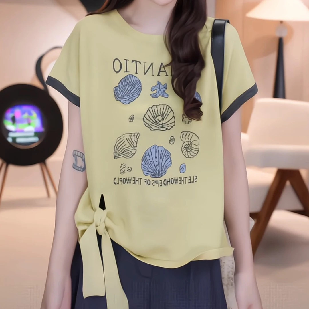 2025新款夏季韩系贝壳印花白色正肩t恤女圆领修身小众别致上衣