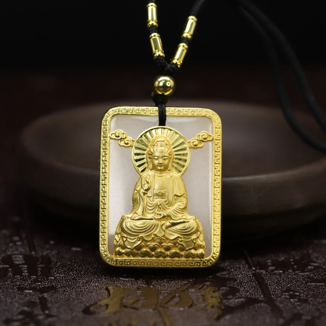 天然新疆金丝玉石观音平安无事牌吊坠男女同款送礼白色珠宝Y640