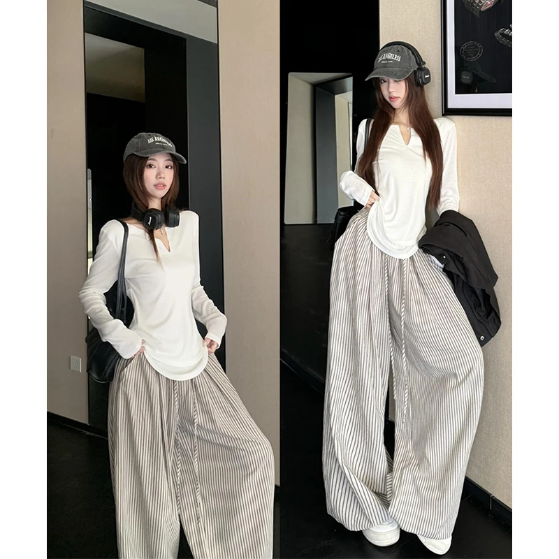 parkyeon早秋季慵懒风V领防晒长袖上衣女高腰显瘦条纹休闲裤套装