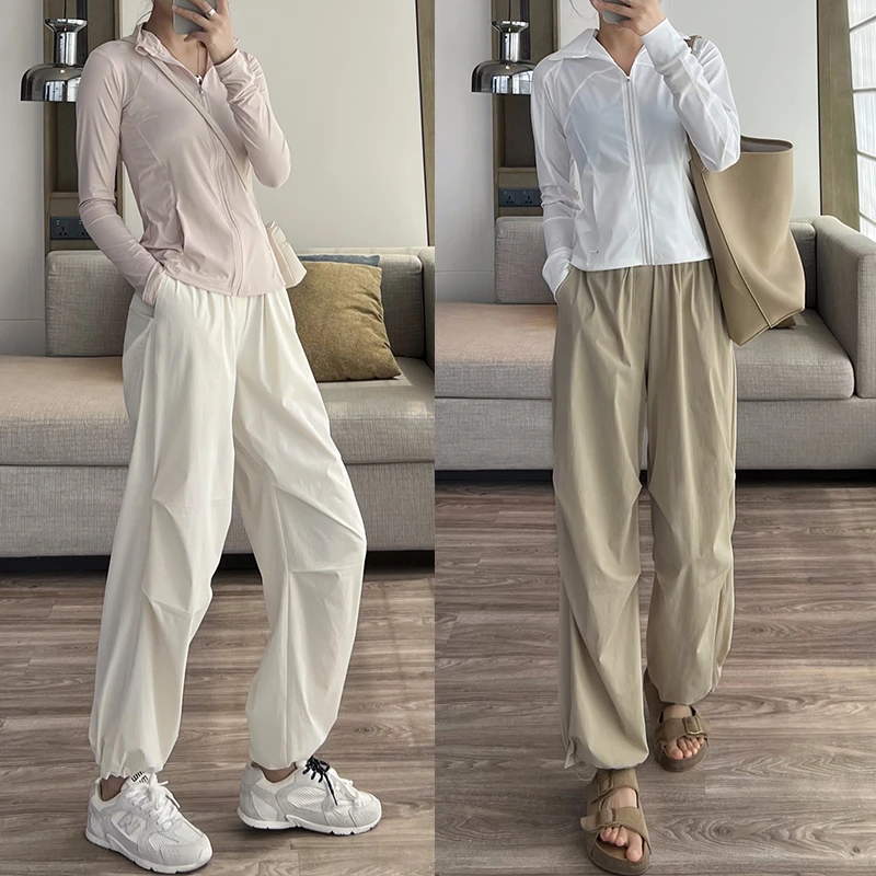 （原纱防晒工装裤女）夏季新品高腰显瘦美式宽松百搭抽绳束脚伞兵裤