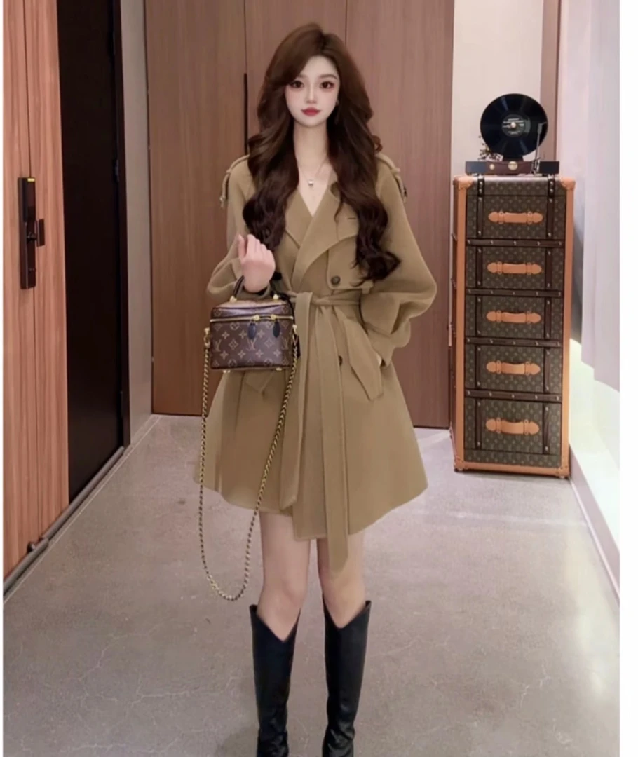 [小蜜蜂]双面羊毛大衣女2025秋季新款中长款气质显瘦毛呢外套