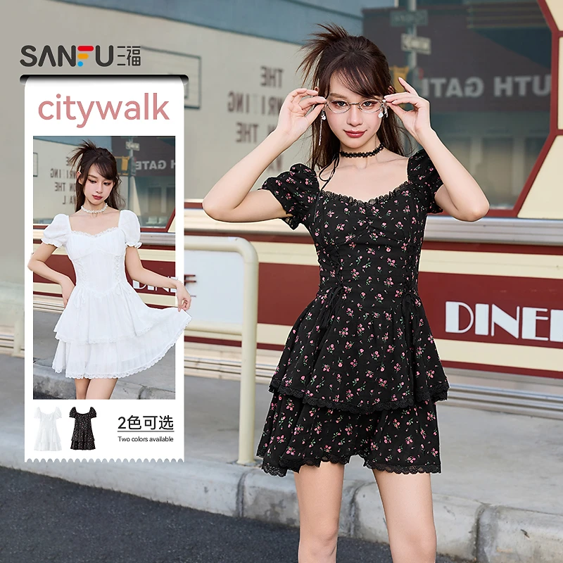 三福【商场同款】连衣裙夏季绑带收腰蕾丝拼接蛋糕裙裙子女装499370