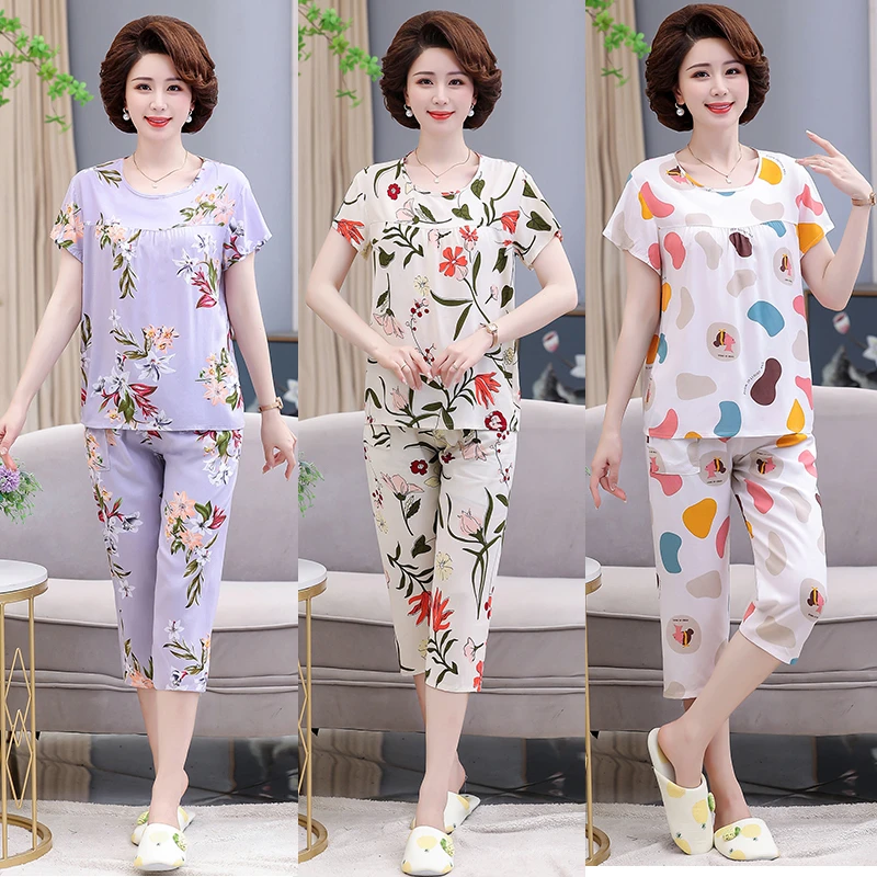 短袖老年中长款透气夏季中老年睡衣时尚印花妈妈装大码上衣套装