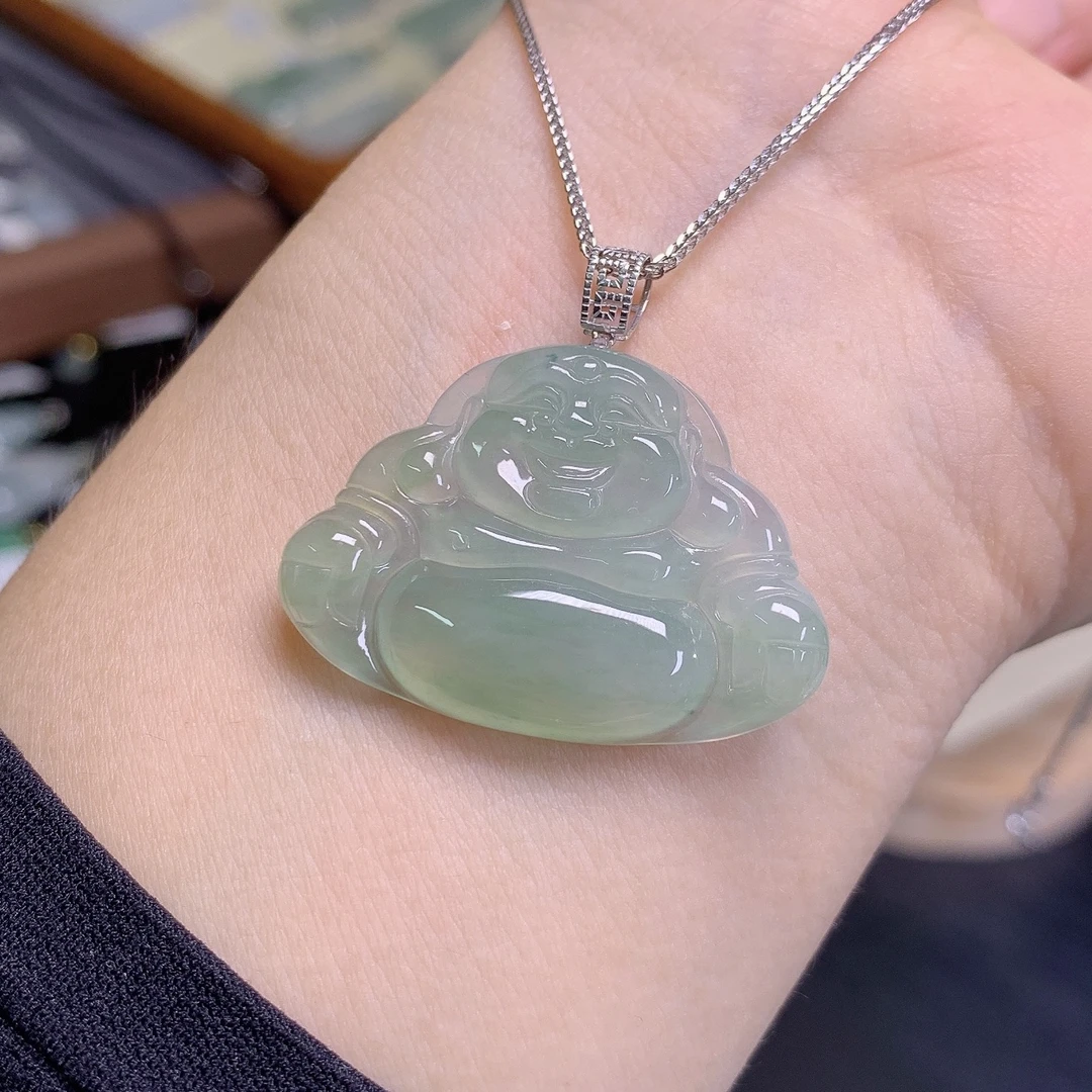 缅甸天然A货翡翠镶嵌18k金冰种绿底佛公吊坠礼物气质24.2×34×5