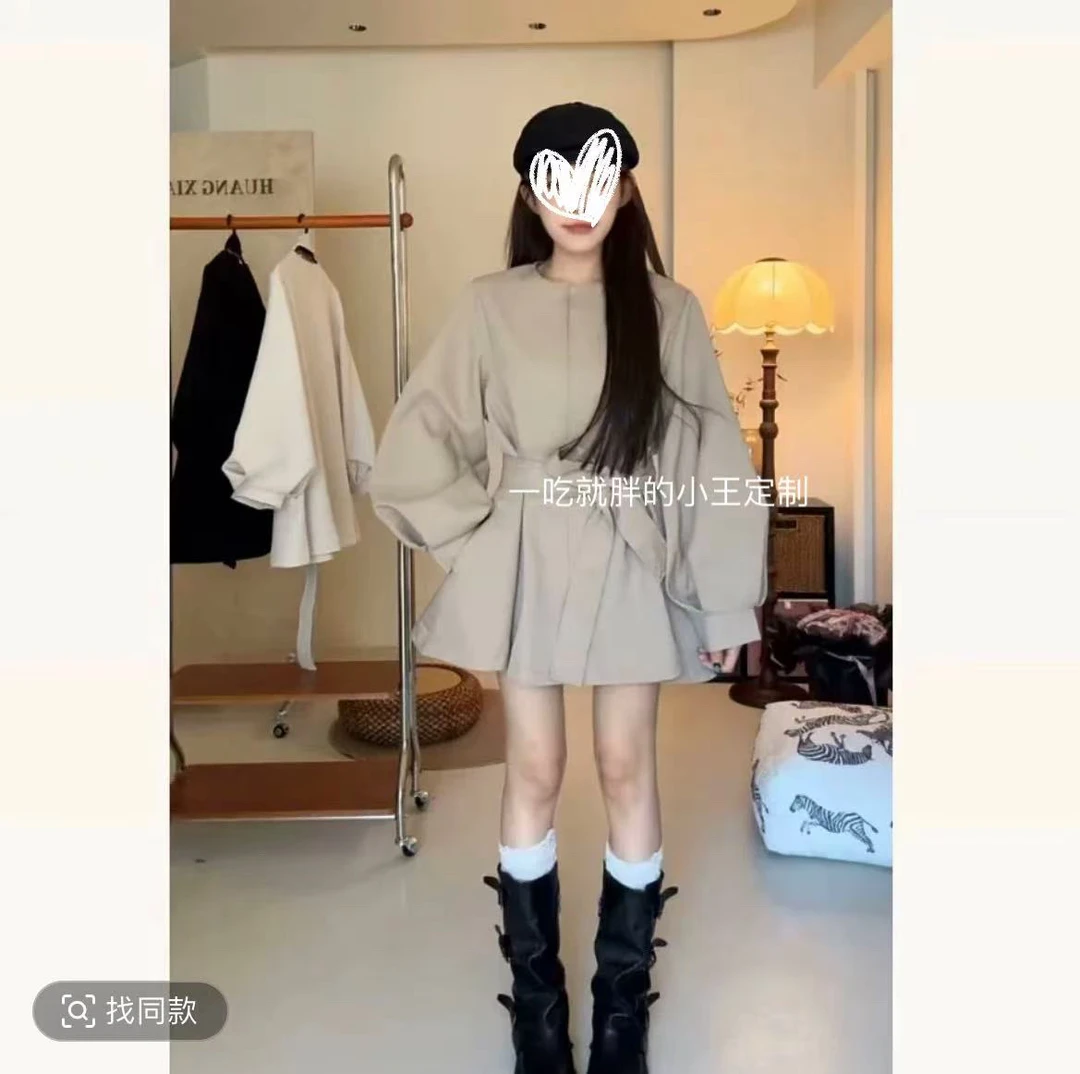 【小王家】韩系气质圆领系带灯笼袖短款风衣外套春秋显瘦百搭