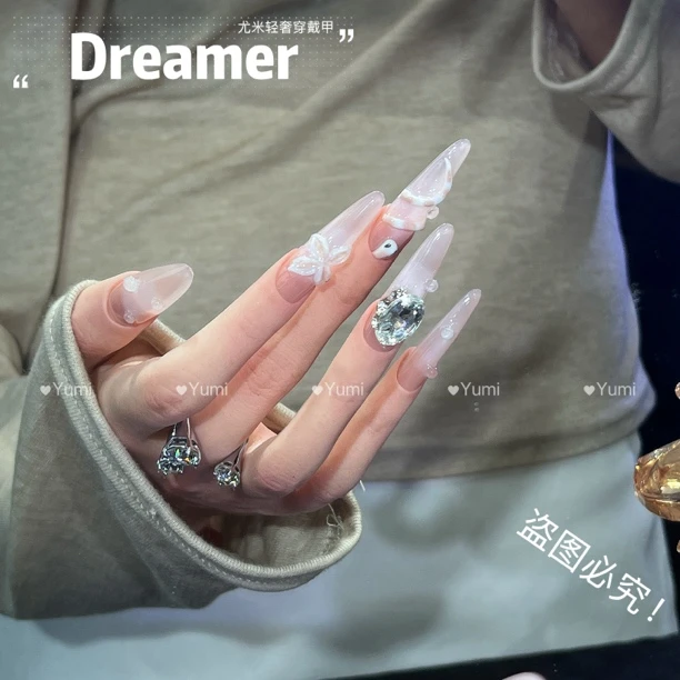 【冰花小蛇】YUMI 温柔高级裸色手工捏画小蛇花瓣水露 手工穿戴甲