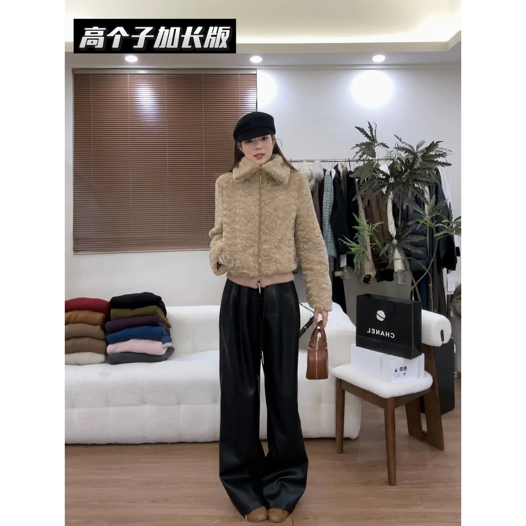 【荔枝纹皮裤】加长磨毛冬款显瘦宽松设计大阔腿裤拖地pu皮裤25389