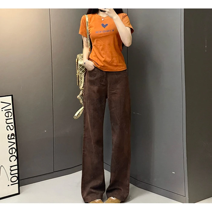 字母印花圆领短袖t恤韩版女夏季2025新款复古阔腿直筒牛仔裤套装