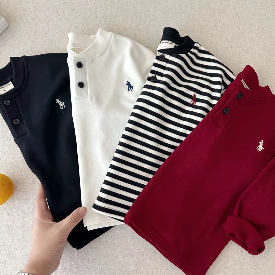 ~秋冬款男宝加厚立领Polo刺绣V领休闲百搭纯色上衣长袖T恤