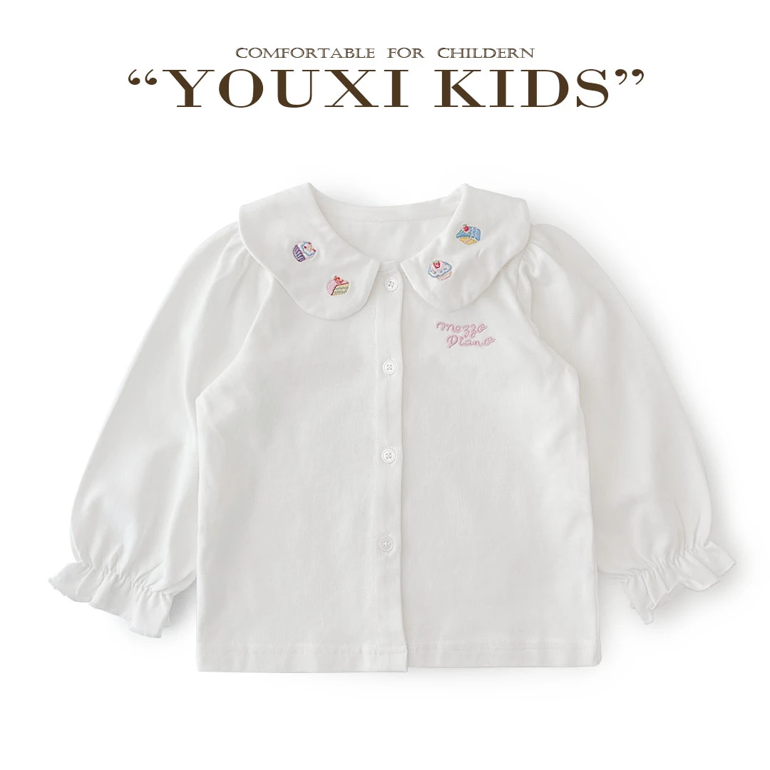 现飞飞家·甜甜蛋糕卷新款女童娃娃衫花边领刺绣打底衫春季 FF2545