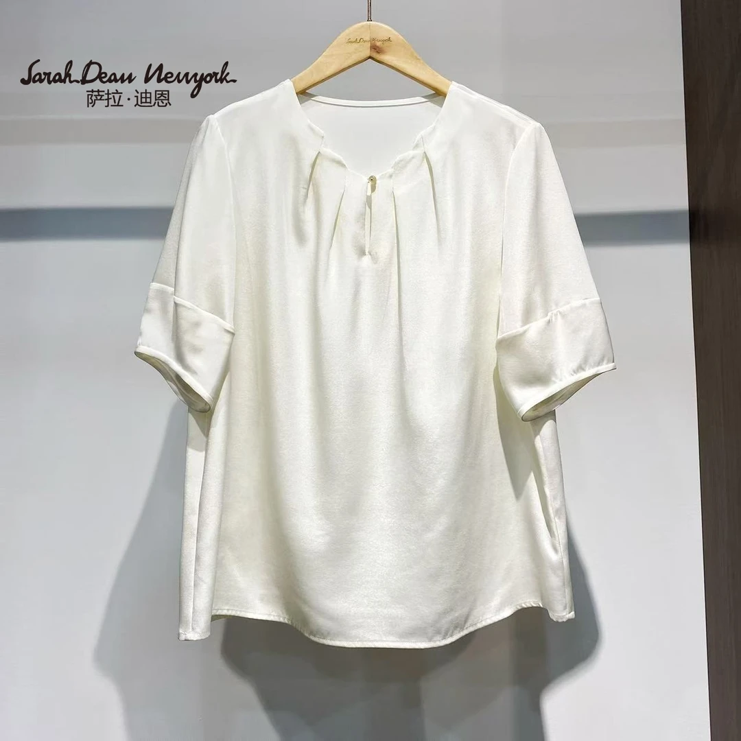 【萨拉迪恩】桑蚕丝速干V领夏季短袖薄款设计师复古显瘦抽褶宽松T恤