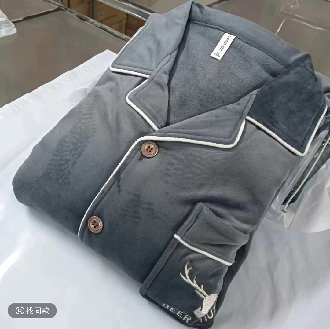CD260精品海岛绒秋冬加厚男士小鹿刺绣长袖长裤家居服