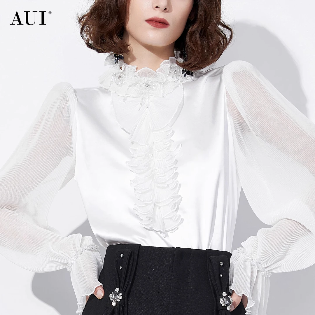 【诗语专属】AUI白色长袖衬衫钉珠圆领衬衣上衣-23Q052800