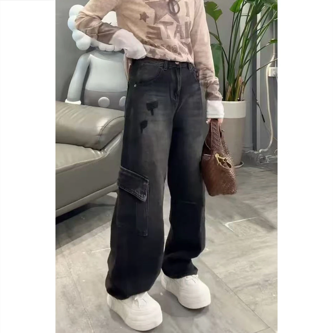 艾塔莉秋季早秋高腰美式女款牛仔裤显瘦阔腿裤垂坠感长裤拖地裤子