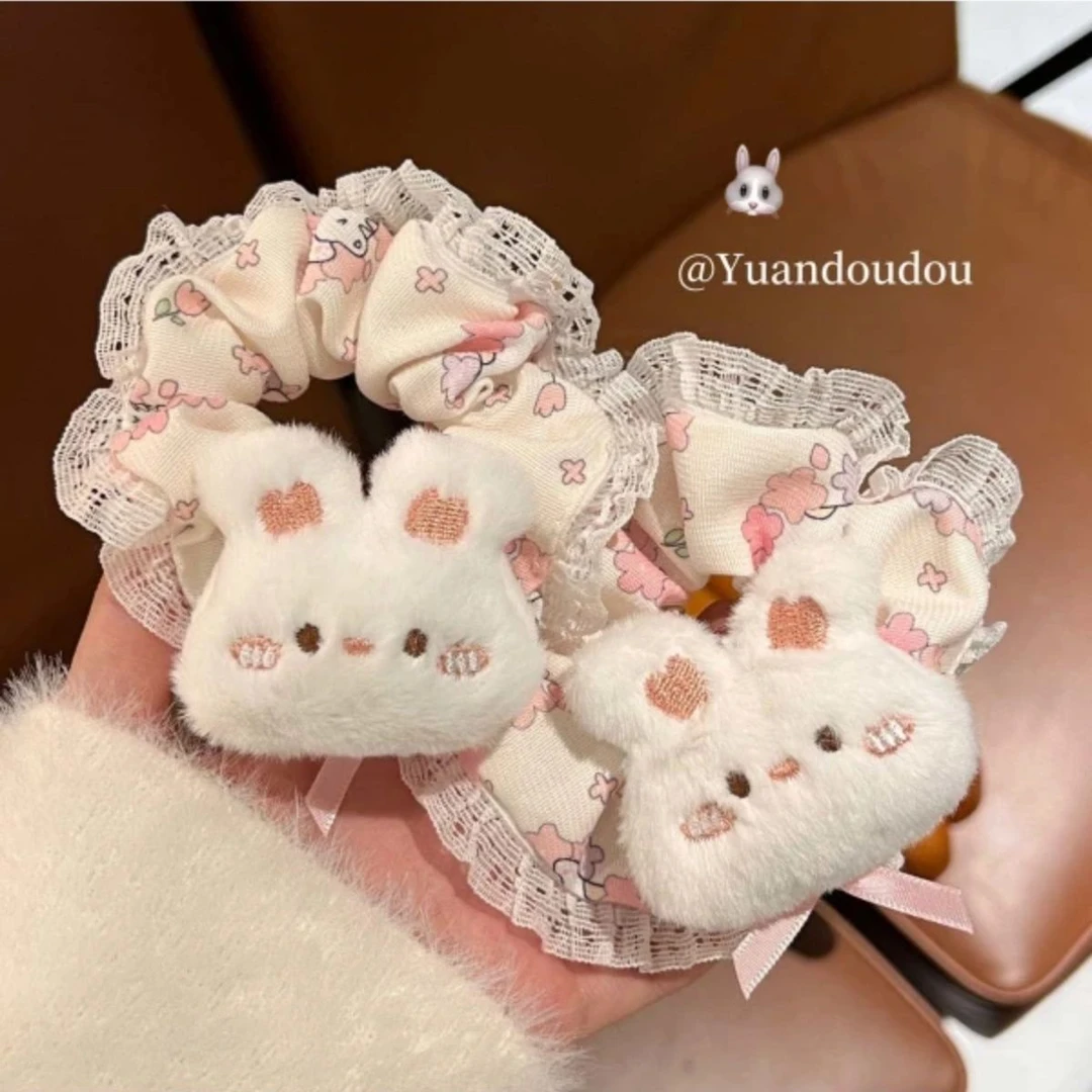 可爱软嫩小兔发圈发绳蕾丝粉色少女卡通头绳大肠马尾发饰头饰新款