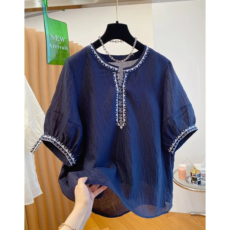 6840波西米亚民族风刺绣衬衫女短袖薄款圆领小衫娃娃衫上衣夏季