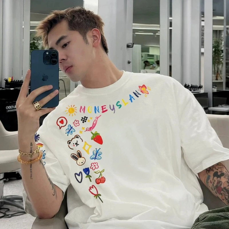 MONEYSLAN小众设计感潮牌美式夏季男士情侣半袖男生白色短袖T恤
