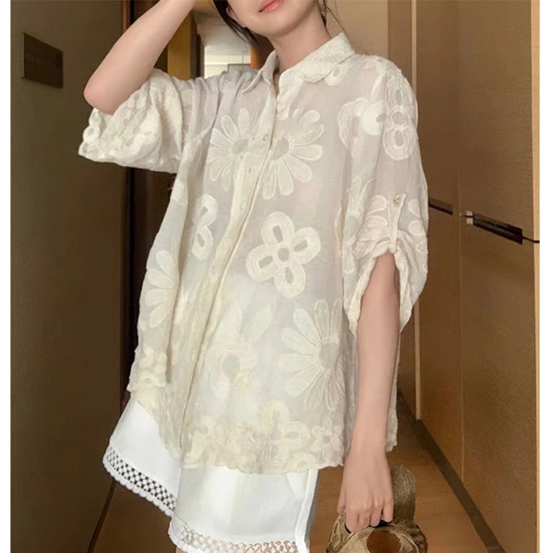 （衣兮复古重工钩花衬衫）夏季新款慵懒风轻薄透气百搭钩花衬衫H