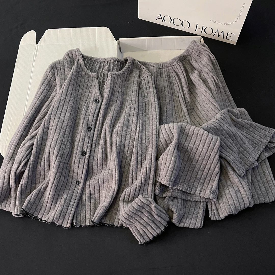 2025秋冬季新款羊绒保暖睡衣女韩系灰色圆领ins风加厚家居服套装