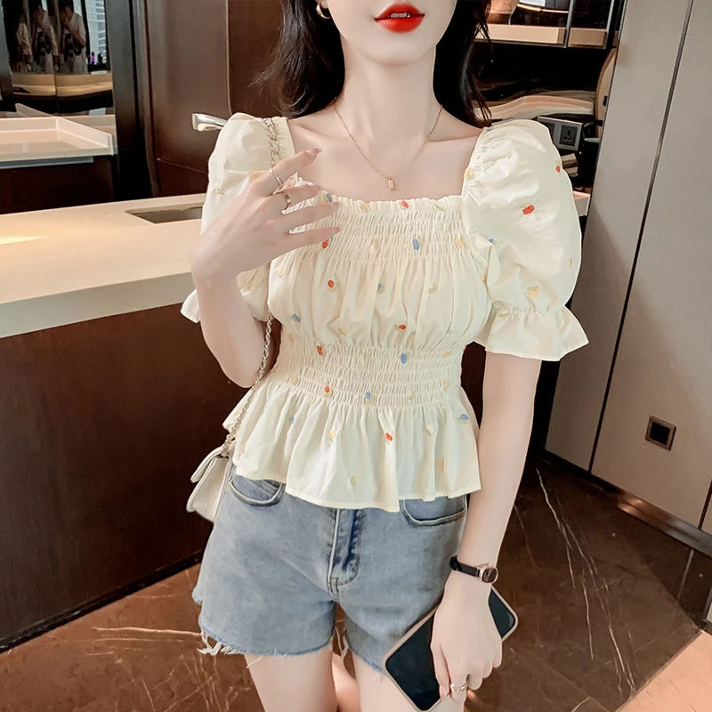 法式复古泡泡袖碎花提花衬衫女2025夏季收腰修身显瘦短款小衫上衣