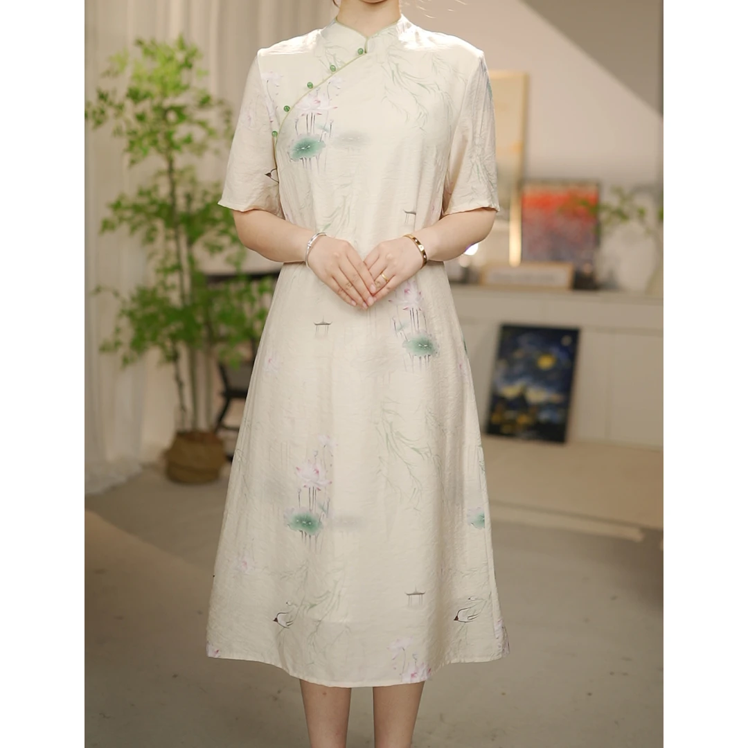 【荷塘月色】改良版旗袍新中式国风复古宽松大摆连衣裙-L