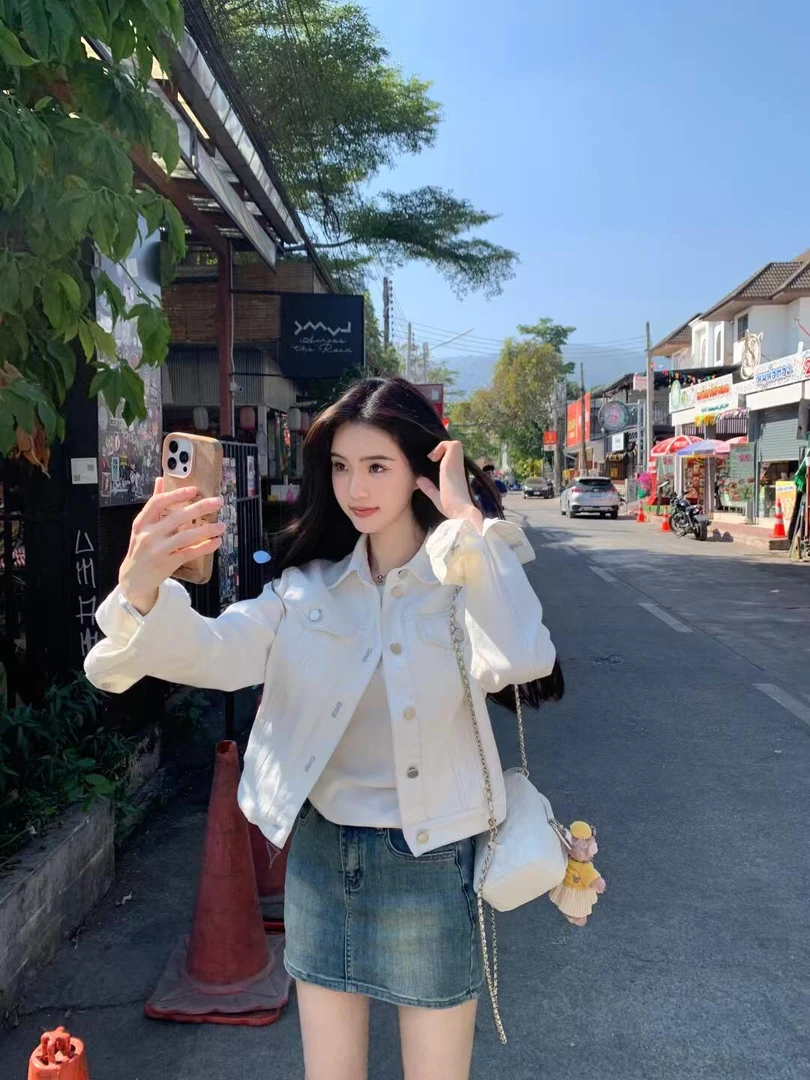 【时光清浅】时尚高级感白色短款牛仔外套搭配白T复古牛仔半裙套装
