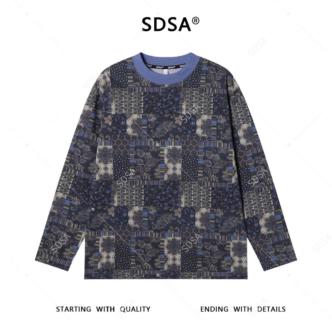 SDSA男士秋冬新款痞帅男装复古潮牌植物花卉撞色圆领长袖T恤时尚