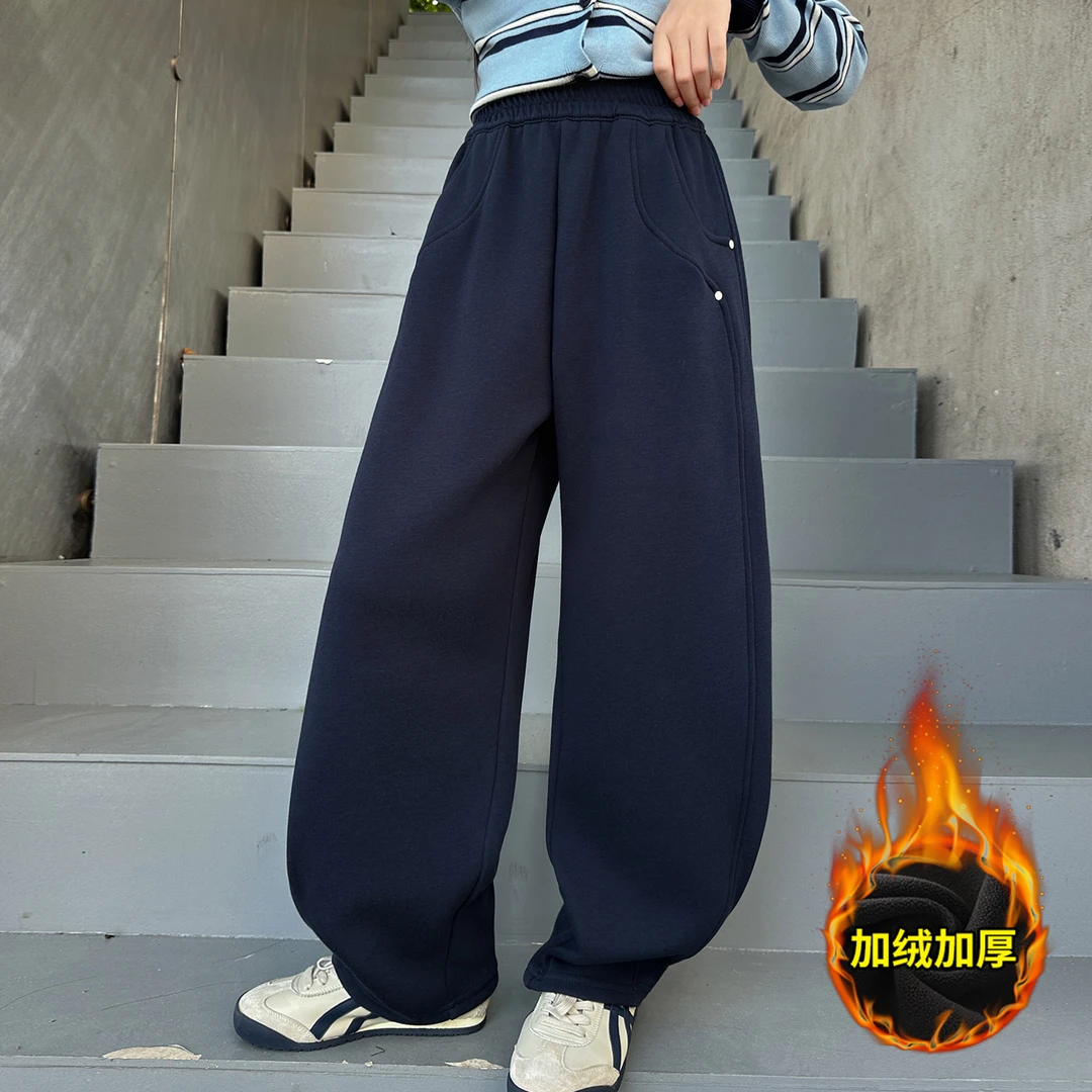 女童一体絨裤子冬款中大儿童时髦洋气加绒运动裤秋冬季阔腿弯刀裤