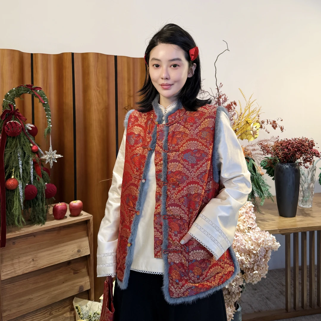 【红色花开富贵马甲】新中裳-深圳原创高定设计师款立领毛边马夹