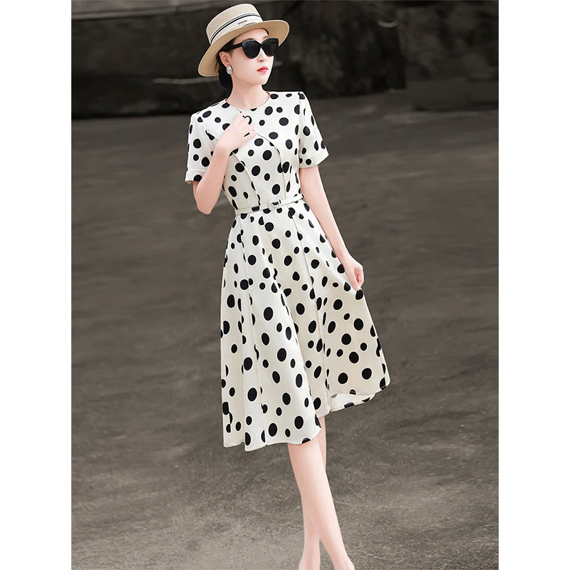 MEXCOCO/兰瑟儿夏新款法式复古波点小个子收腰A字连衣裙105XL9406