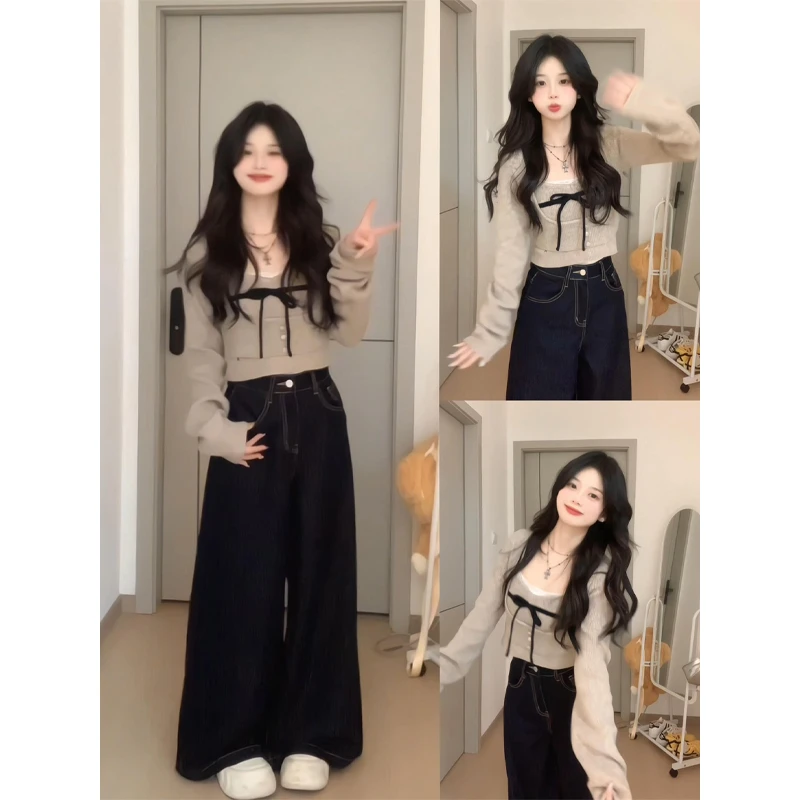 法式长袖吊带t恤内搭短款叠穿上衣垂感牛仔裤高腰宽松阔腿拖地裤