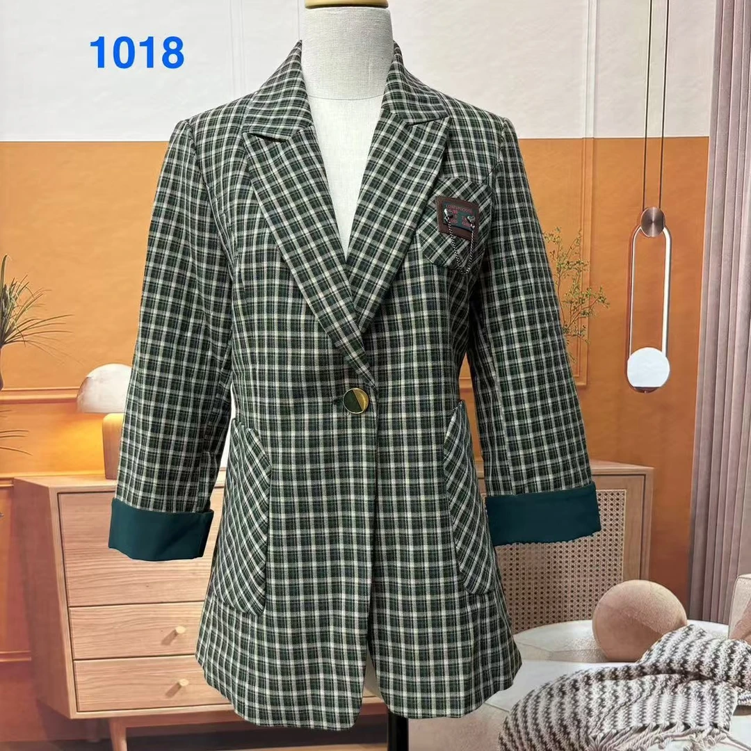 格子拼接5038修身型花呢收腰西装经典女士小西装秋冬