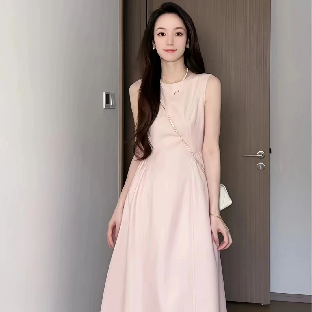 2025新款小个子法式无袖背心连衣裙子女夏季气质高级收腰粉色长裙